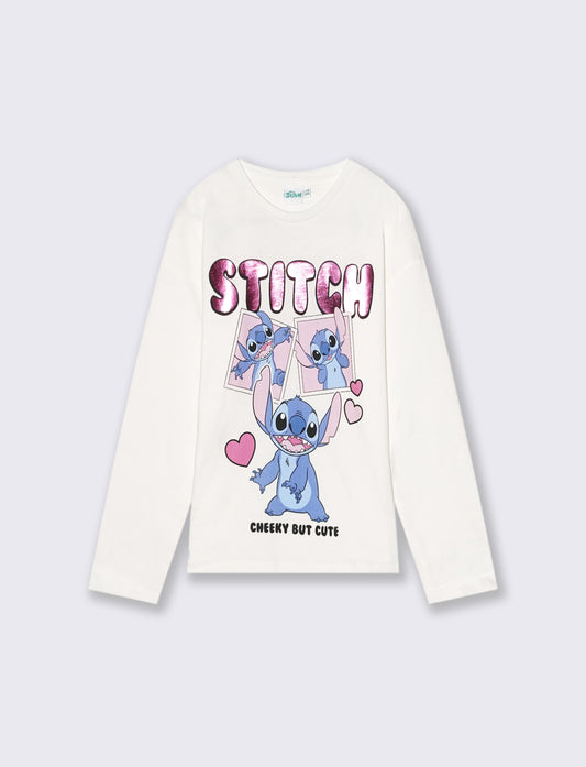 T-shirt manica lunga Stitch. - Bianco