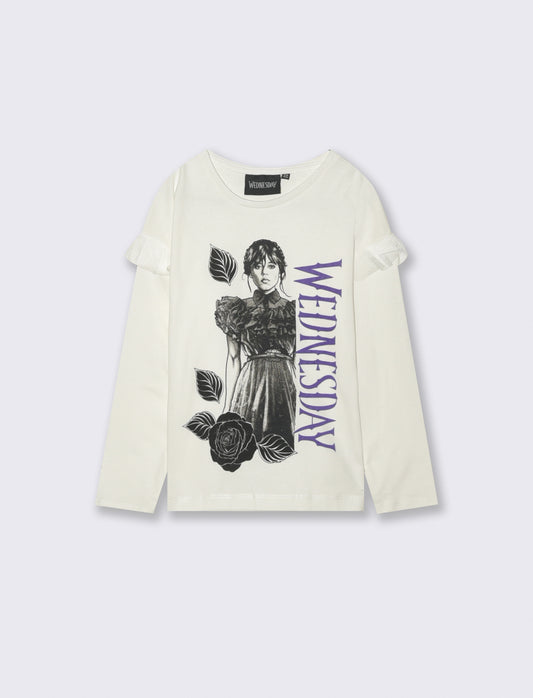 T-shirt manica lunga con rouches e stampa Wednesday - Bianco