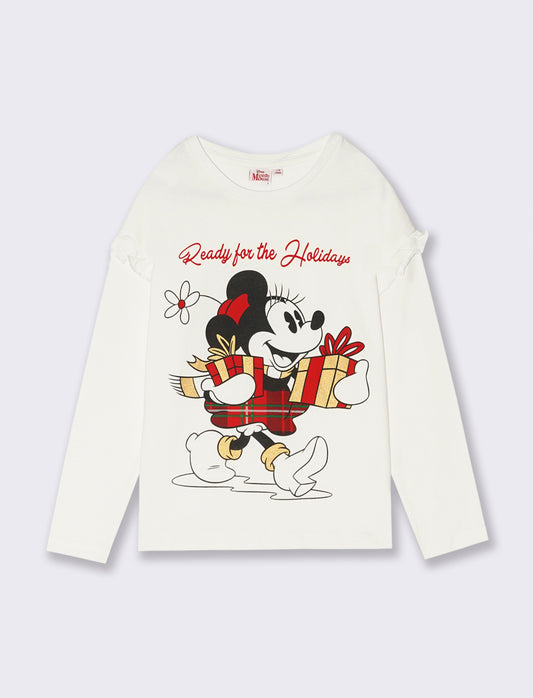 T-shirt manica lunga con stampa natalizia Disney Minnie. - Bianco