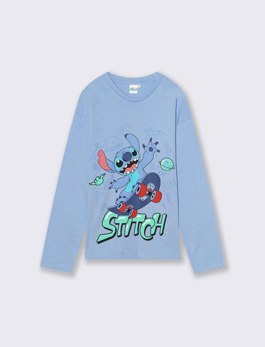 T-SHIRT GIRO COLLO STITCH - Azzurro