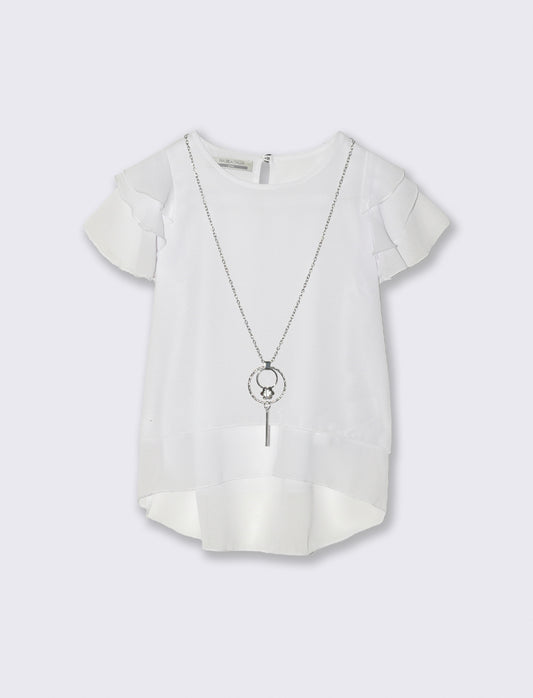 T-shirt mezza manica estiva da bambina con collana. - Bianco