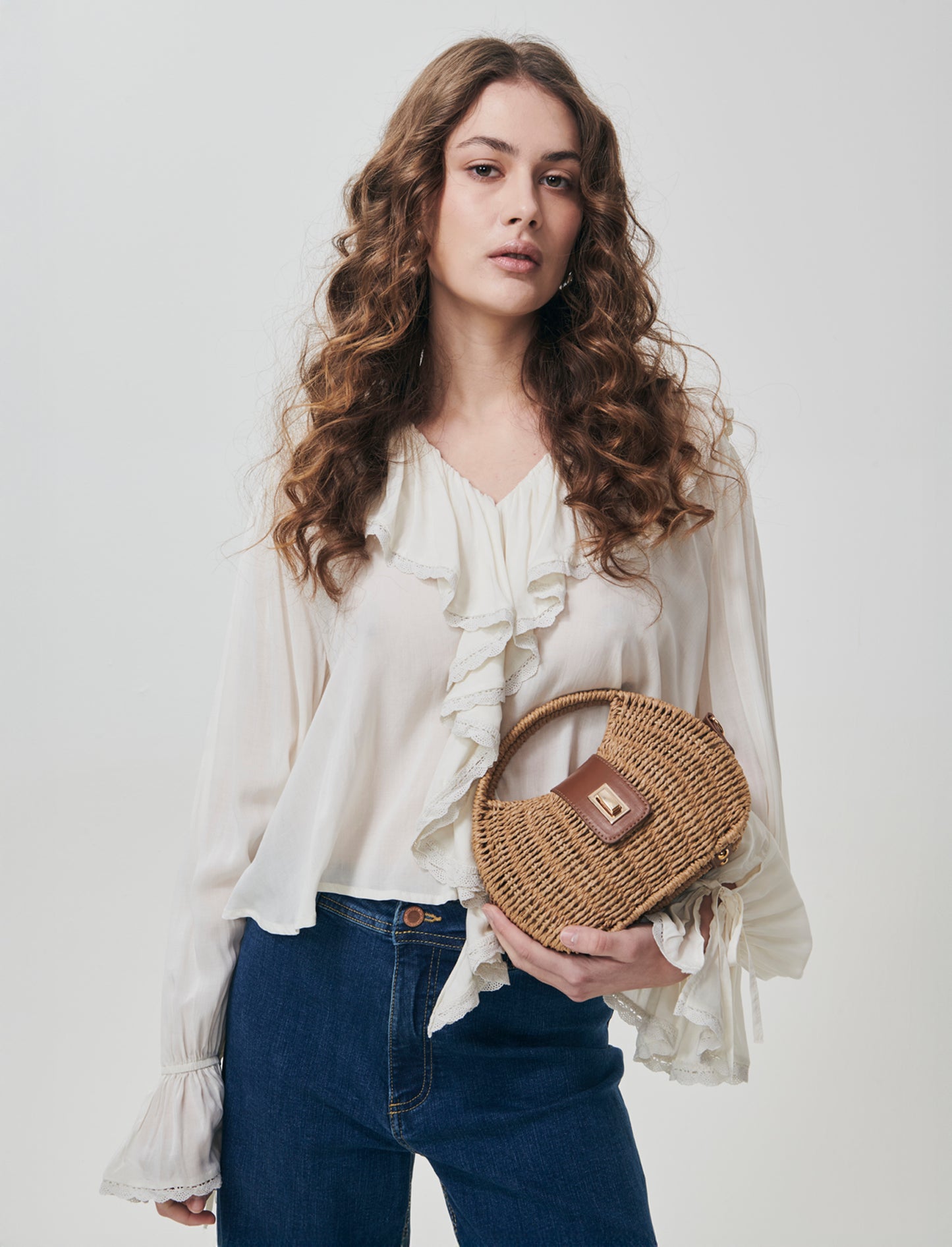 Blouse with ruffles and V-neck - Beige