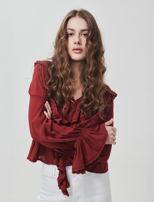 Blouse with ruffles and V-neck - Red
