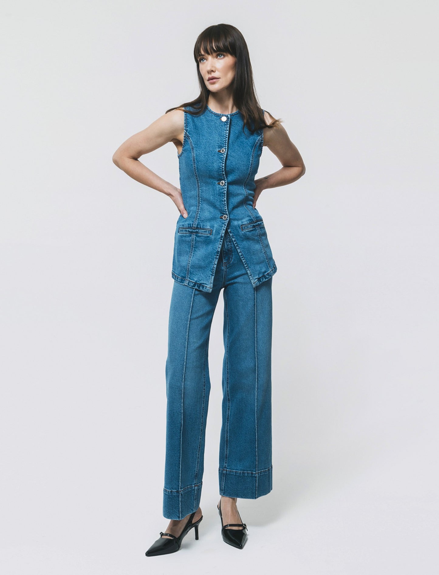Gilet in denim lungo con bottoni e tasche - Denim