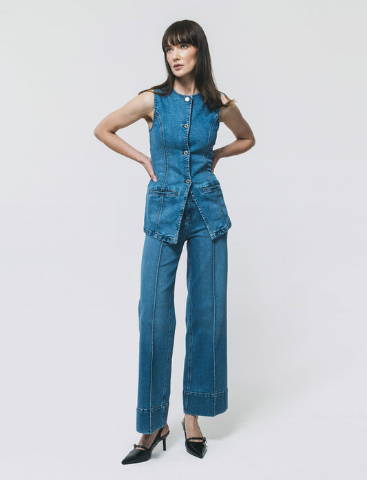 Gilet in denim lungo con bottoni e tasche - Denim