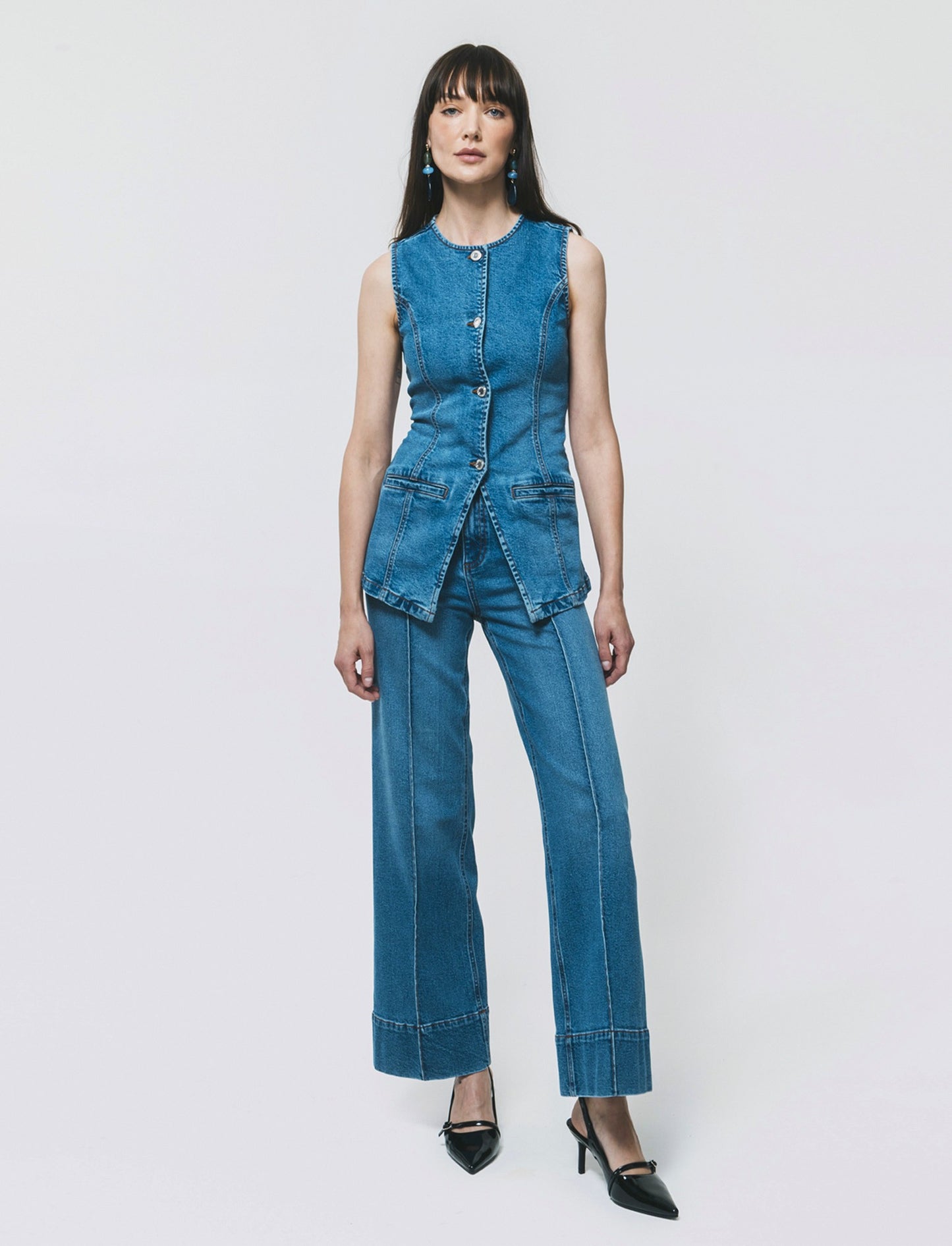 Gilet in denim lungo con bottoni e tasche - Denim
