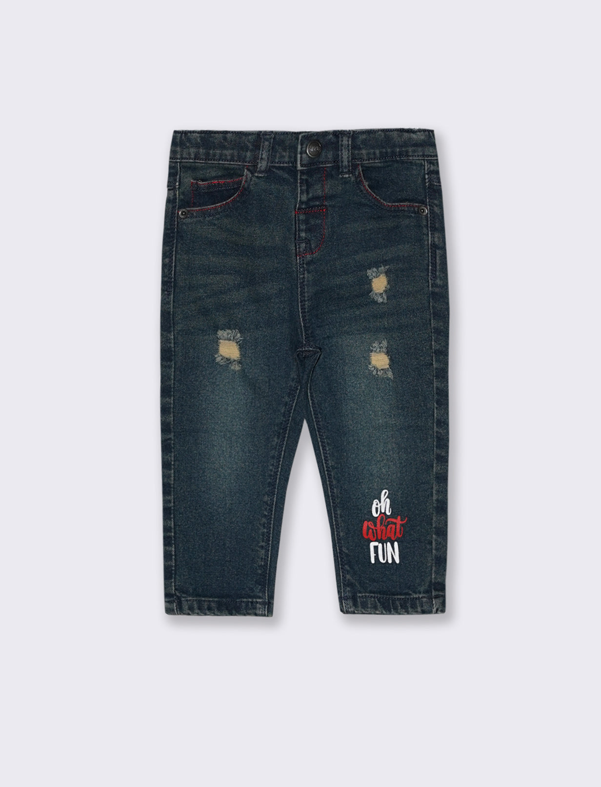 Jeans con rotture e ricamo frontale - Denim