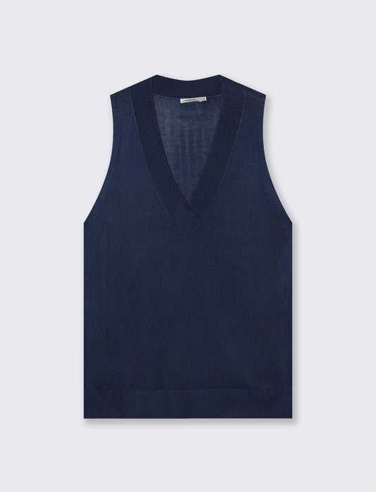 Gilet lungo con scollo a V e spacchi laterali - Blu