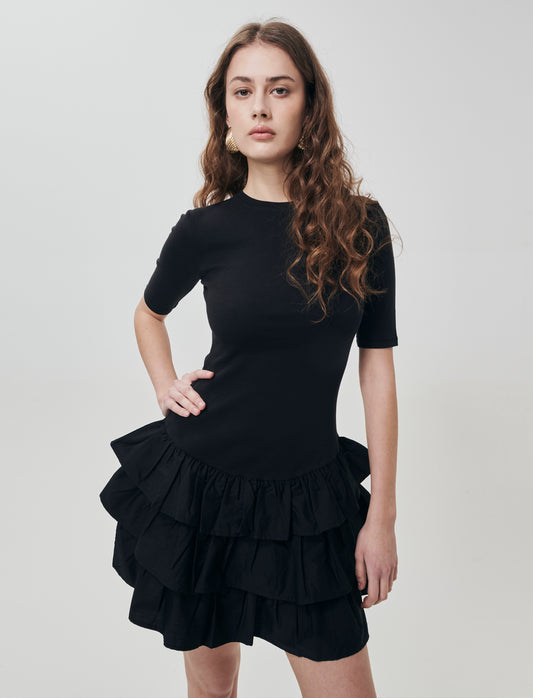 Vestito Corto Mezza Manica con Balze - Nero