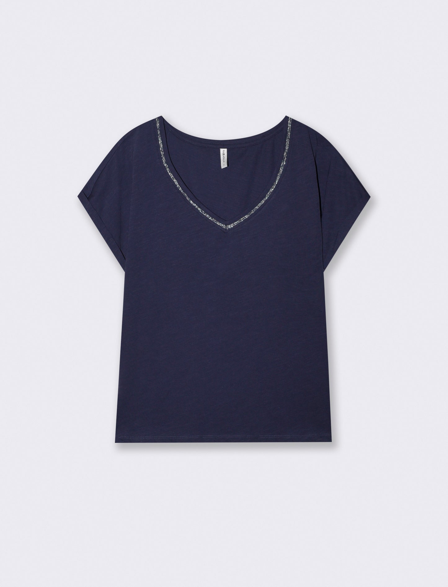 T-Shirt Scollo a V in Cotone Lurex - Blu
