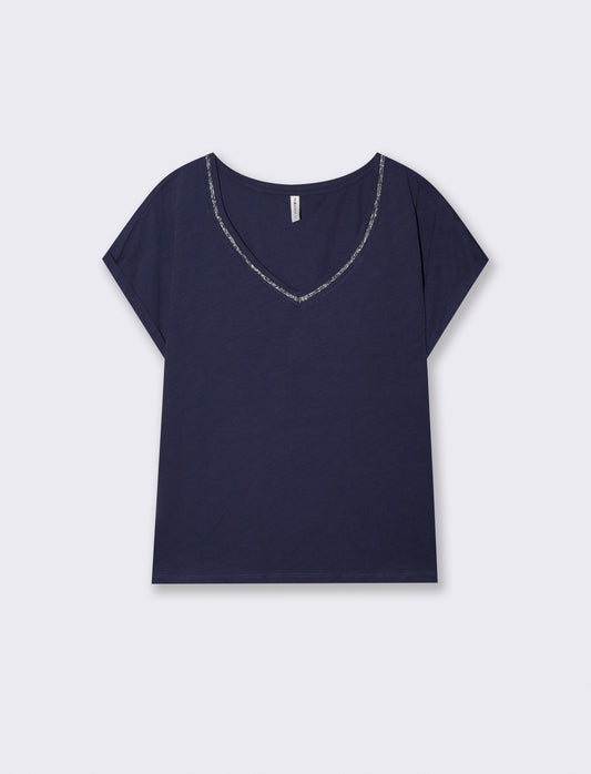 T-Shirt Scollo a V in Cotone Lurex - Blu
