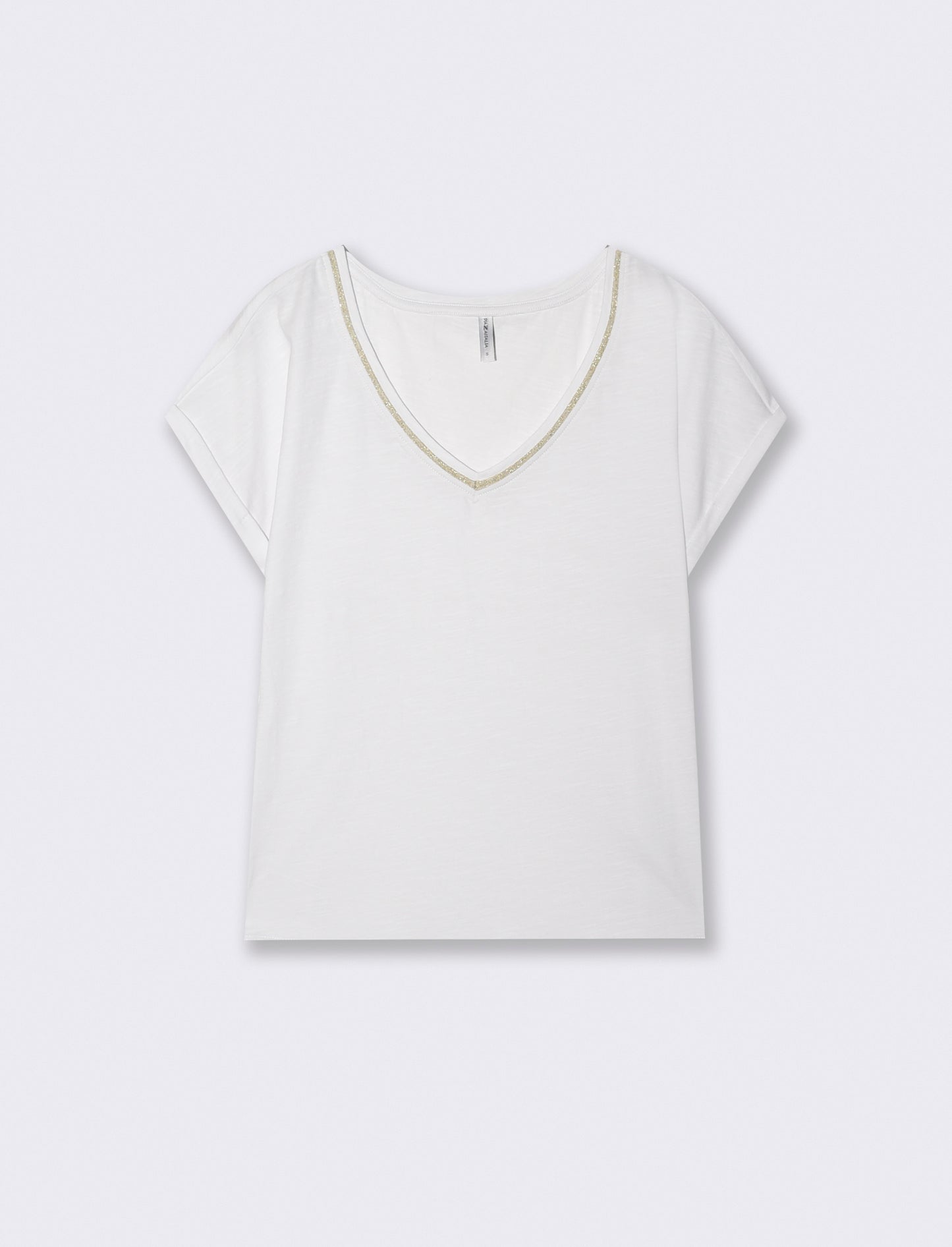 T-Shirt Scollo a V in Cotone Lurex - Bianco