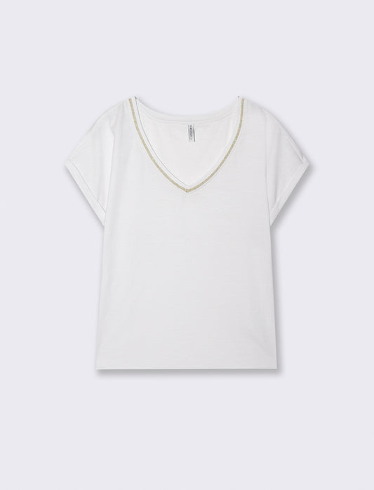 T-Shirt Scollo a V in Cotone Lurex - Bianco