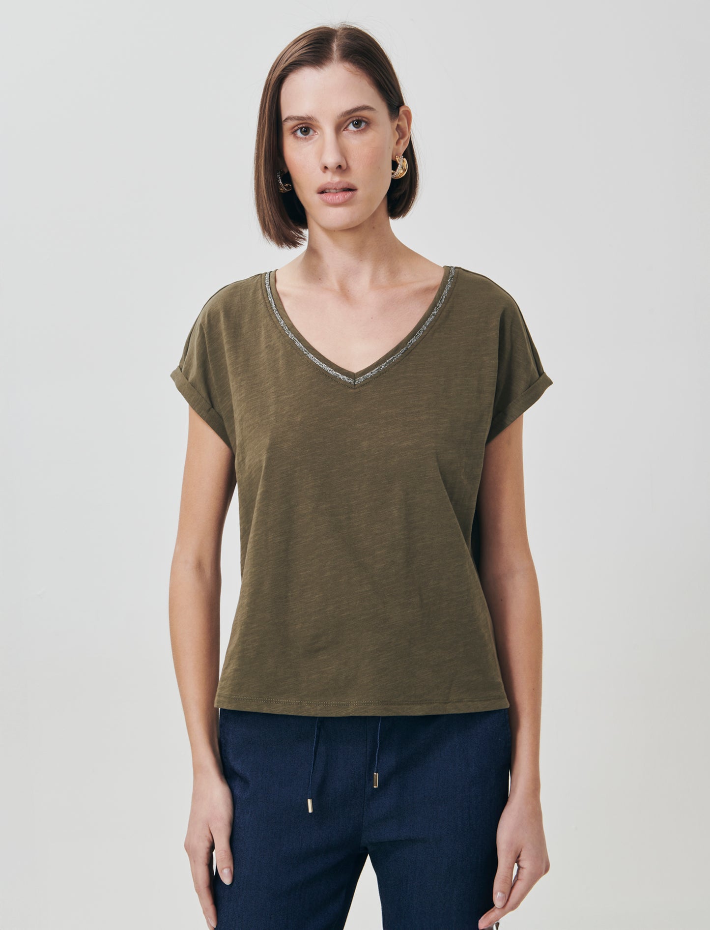 T-Shirt Scollo a V in Cotone Lurex - Kaky 1