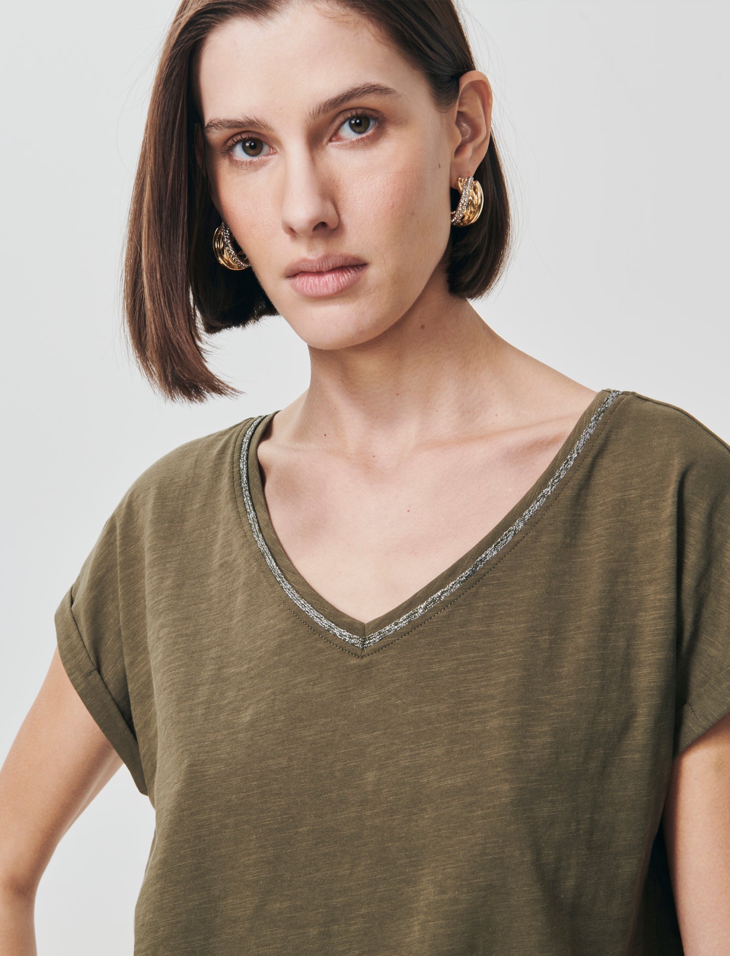 T-Shirt Scollo a V in Cotone Lurex - Kaky 1