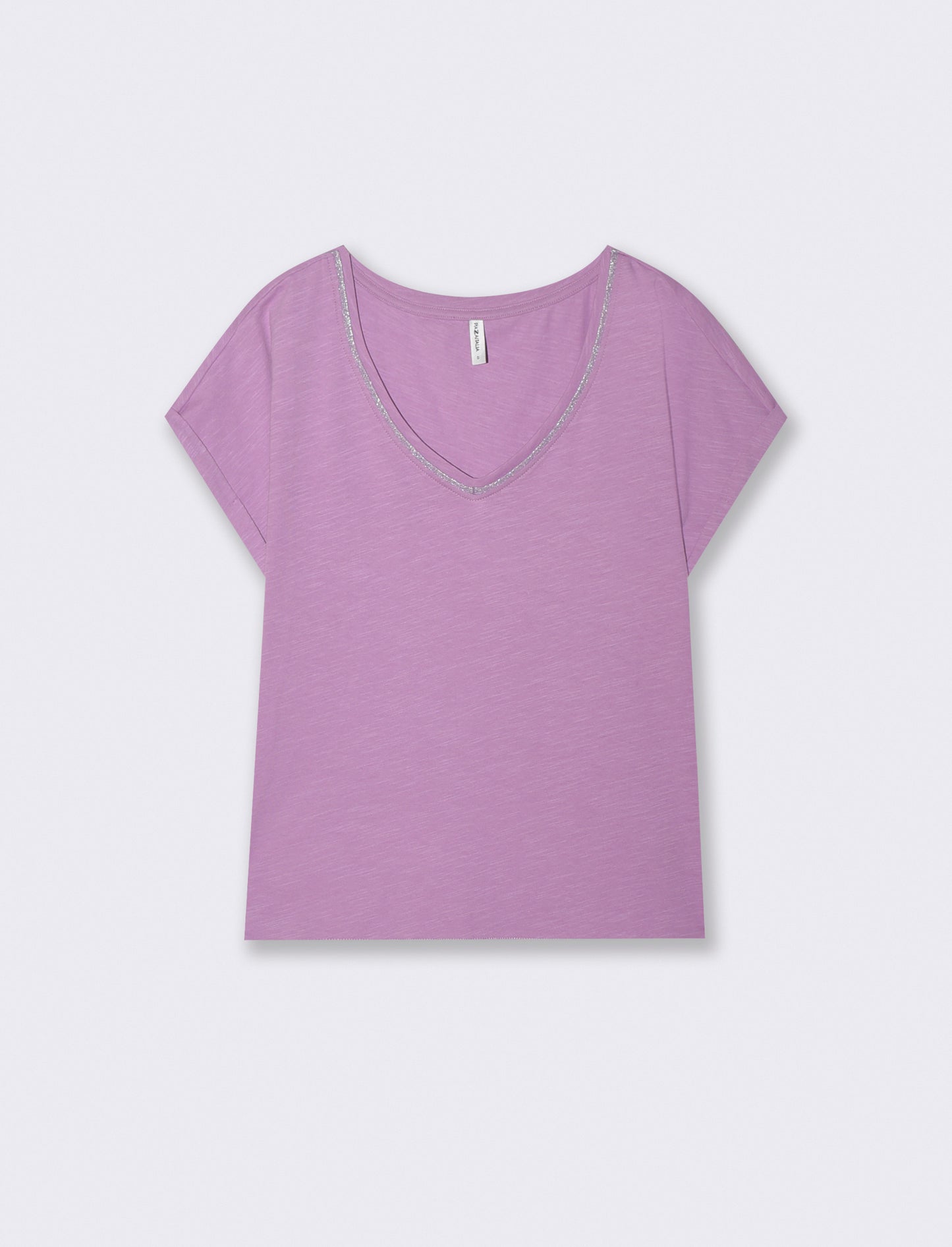 T-Shirt Scollo a V in Cotone Lurex - Viola malva