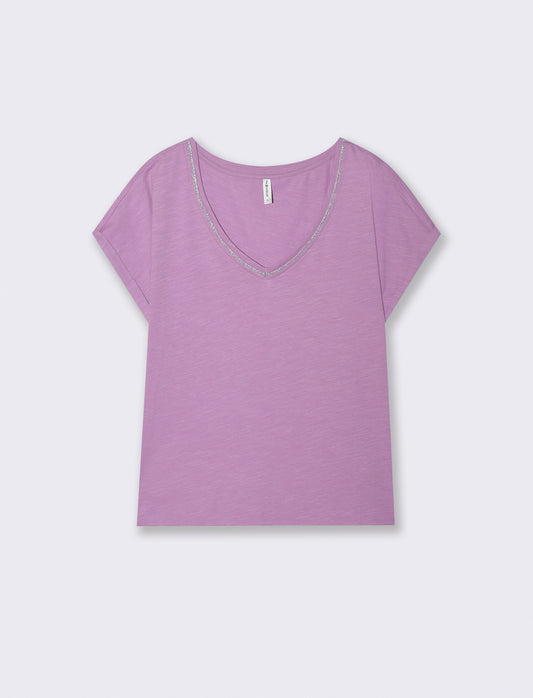 T-Shirt Scollo a V in Cotone Lurex - Viola malva