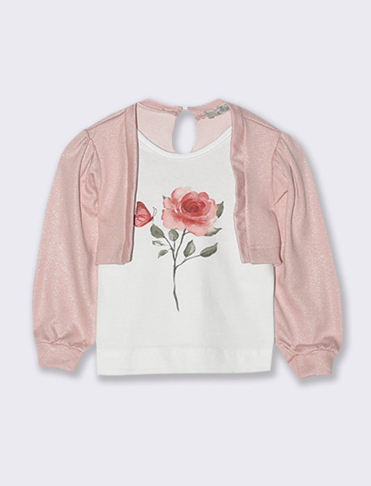 T-shirt elegante manica lunga da neonata con cardigan cucito. - Rosa