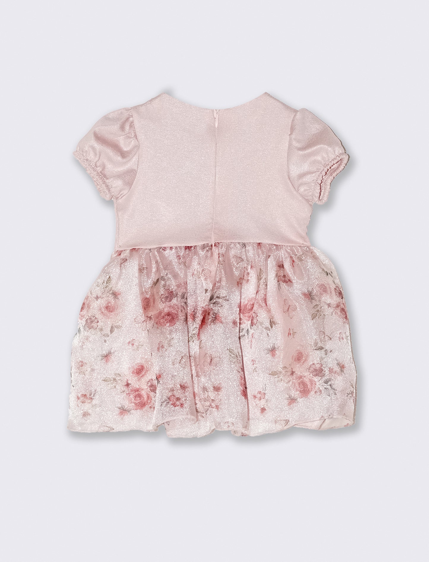 Abito elegante da neonata in tessuto effetto lamè fantasia floreale. - Rosa
