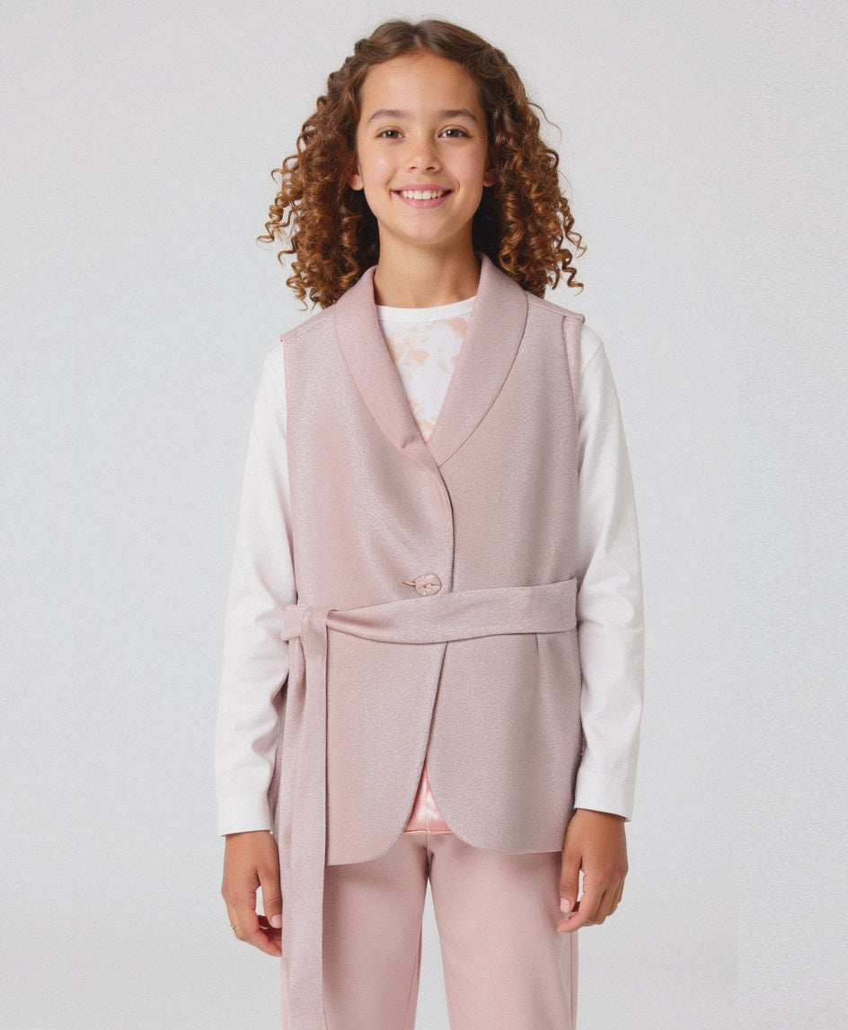 Gilet elegante da bambina in tessuto effetto lamè. - Rosa