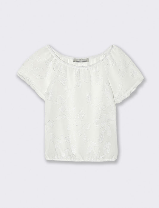 T-shirt manica corta in tessuto leggero ricamato. - Bianco