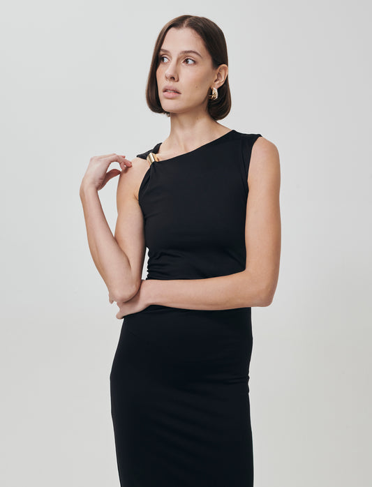 Vestito lungo asimmetrico con gioiello - Nero