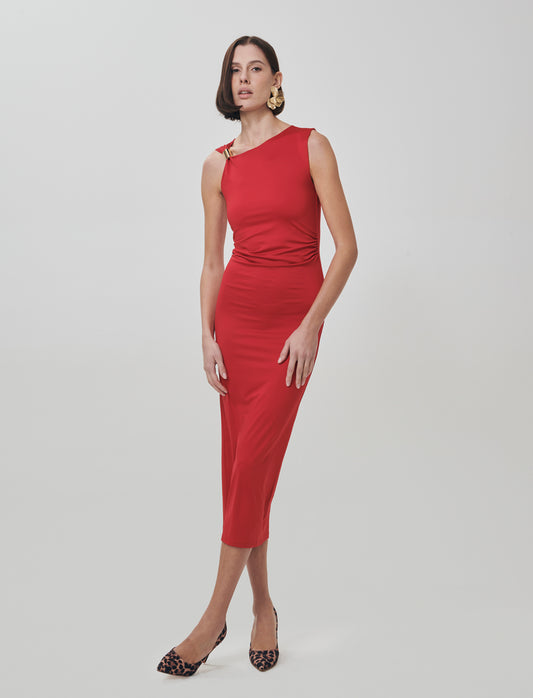 Vestito lungo asimmetrico con gioiello - Rosso