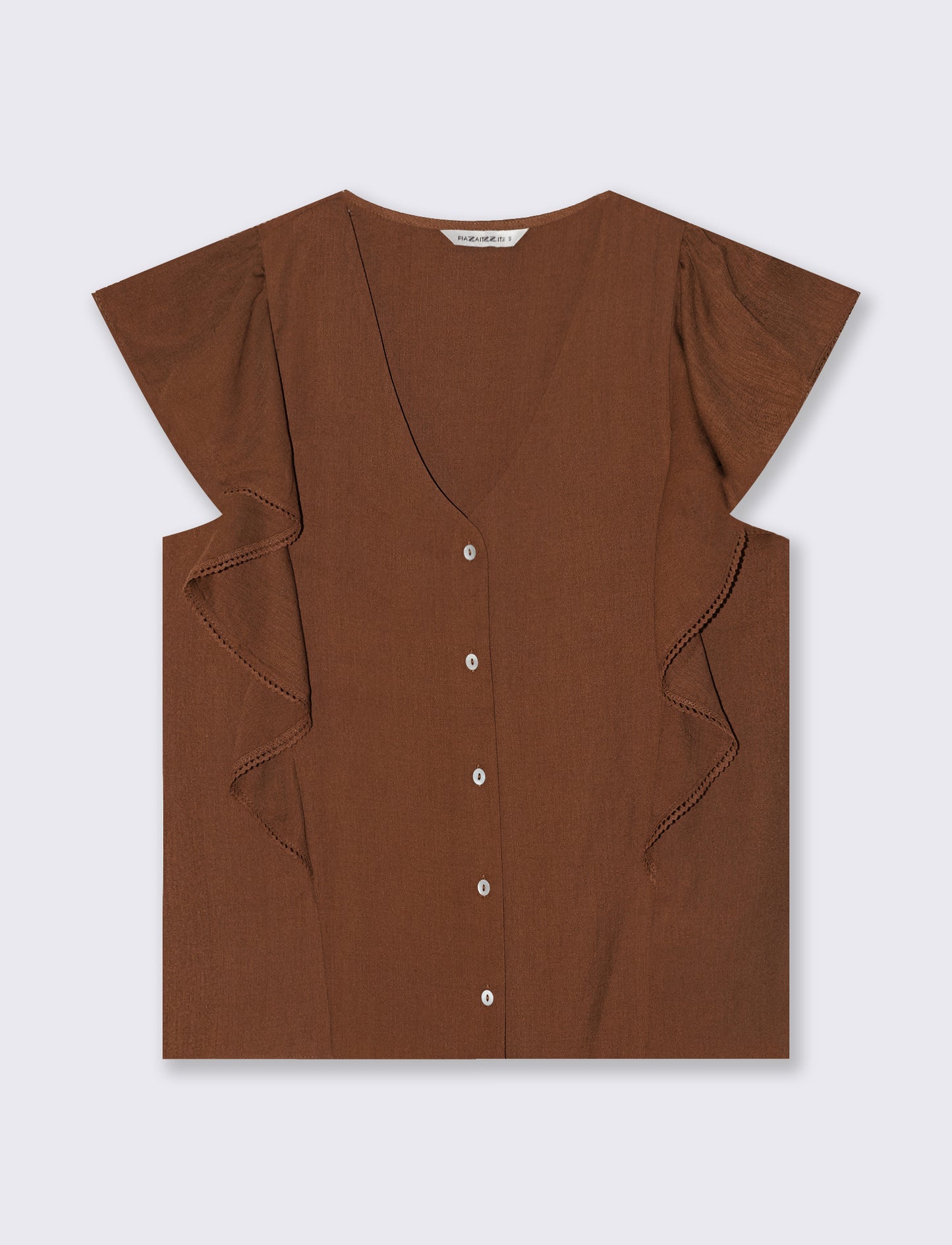 Sleeve Round Shirt with Ruffles - Brown