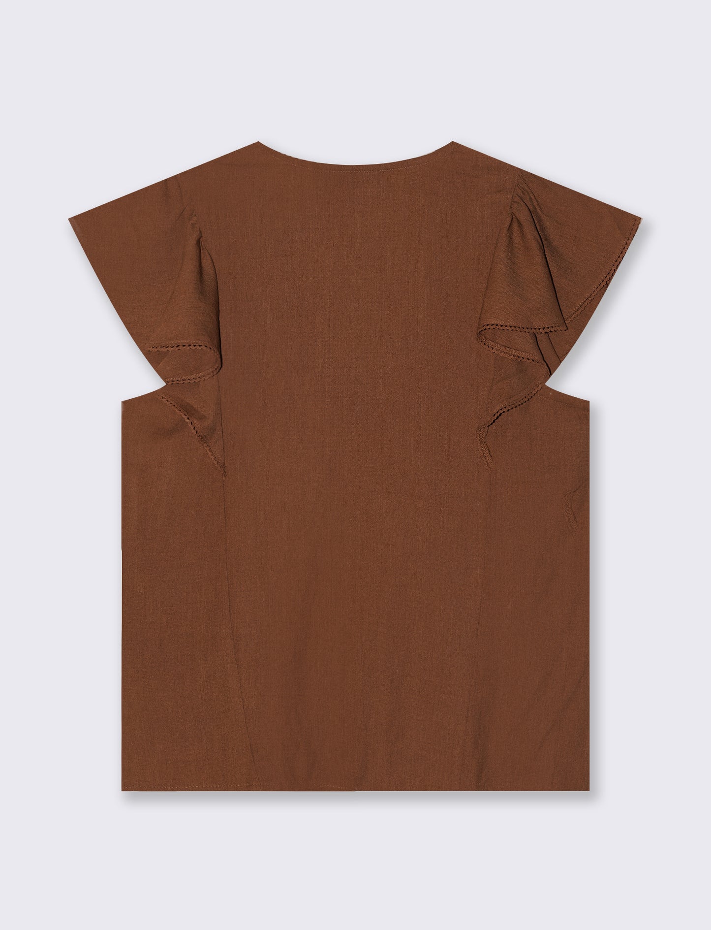Sleeve Round Shirt with Ruffles - Brown