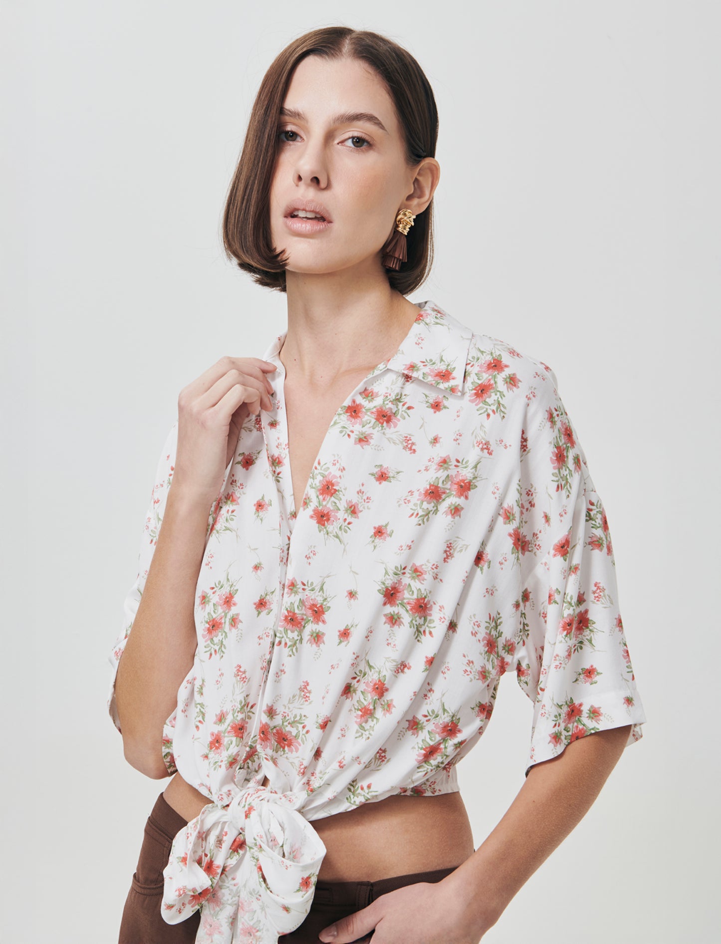 Printed Short Sleeve Shirt with Knot - 