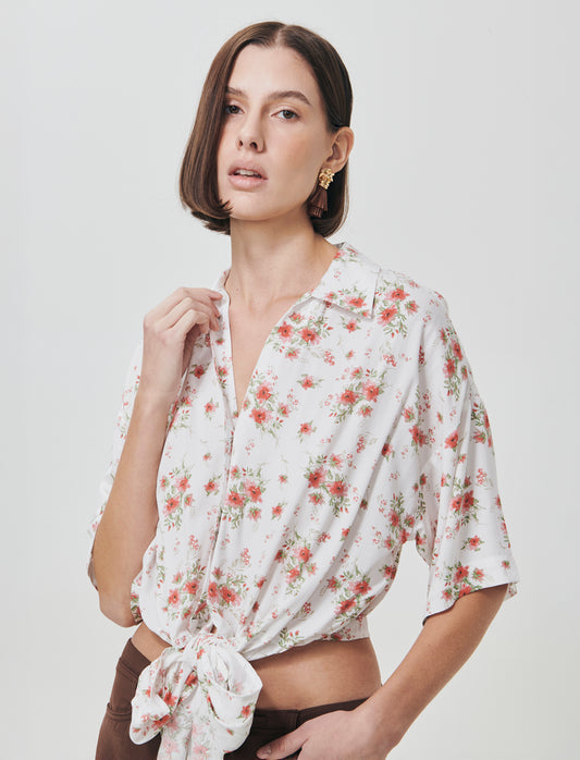 Printed Short Sleeve Shirt with Knot - 