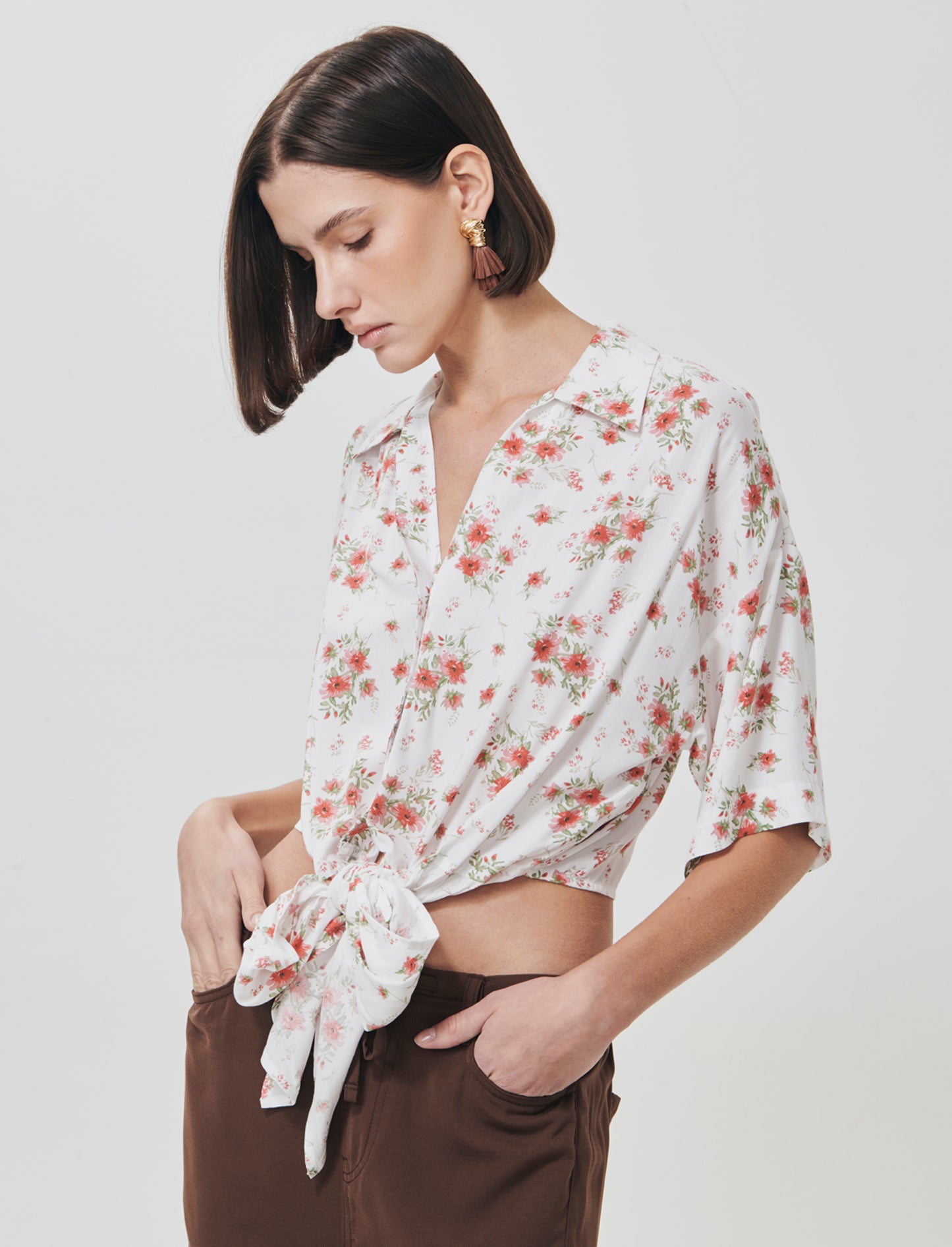 Printed Short Sleeve Shirt with Knot - 