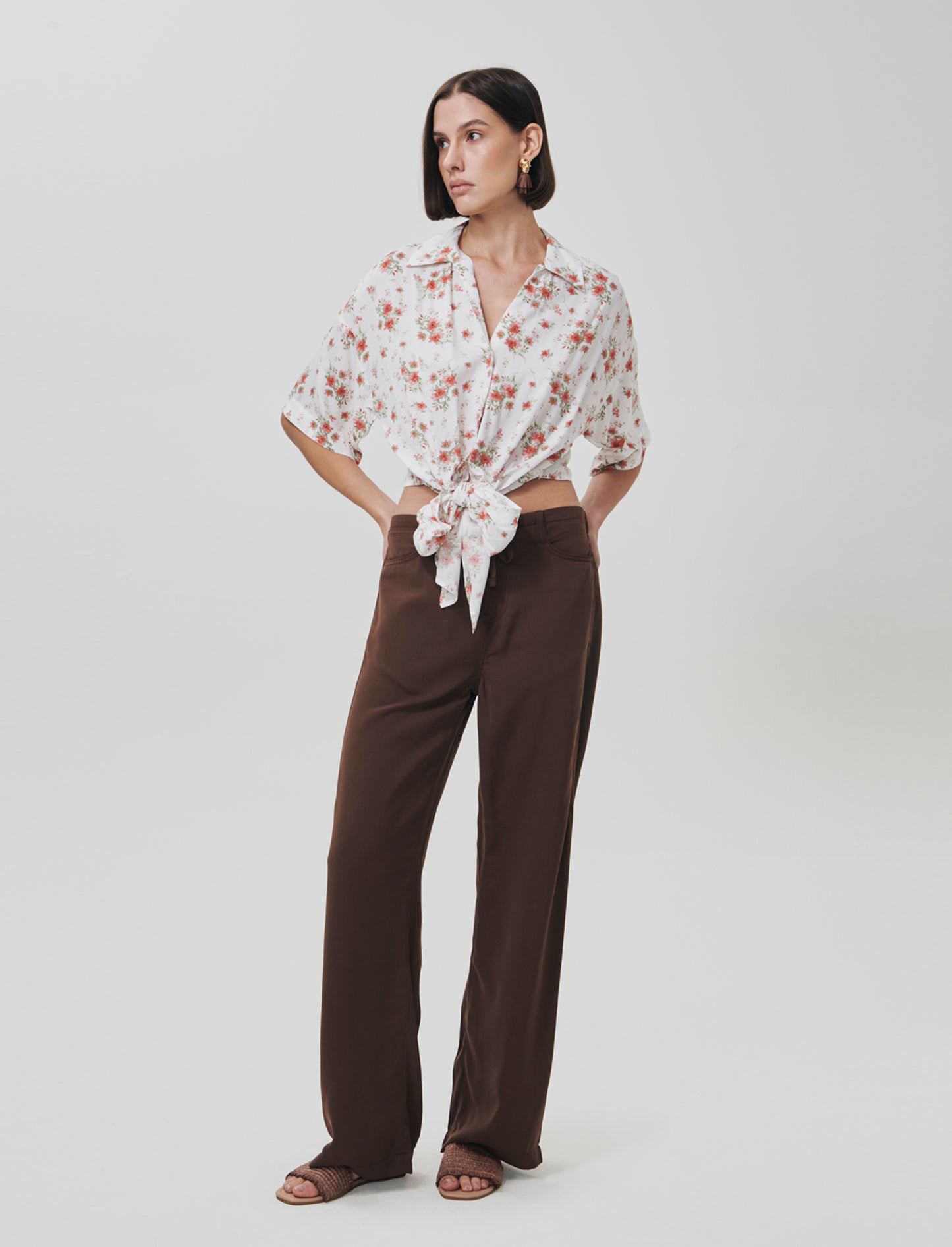Printed Short Sleeve Shirt with Knot - 