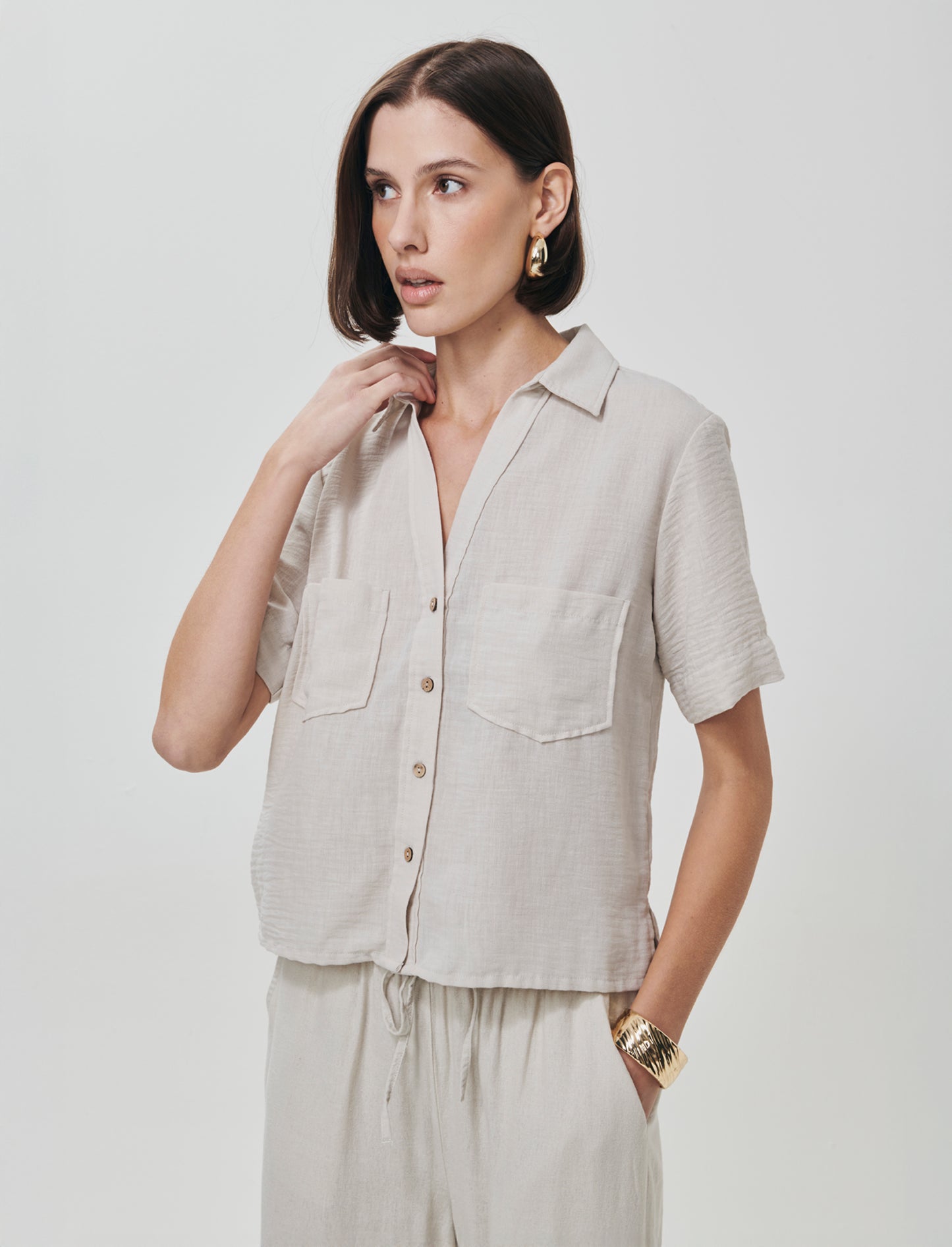 Short Sleeve Shirt with Patch Pockets - Beige