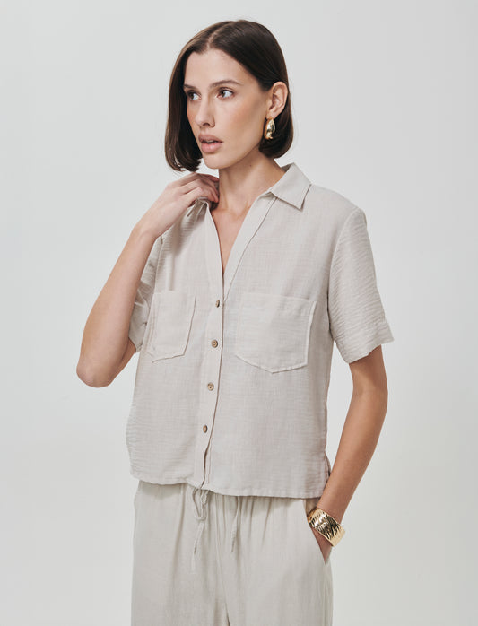 Camicia Manica Corta con Tasche a Toppa - Sabbia