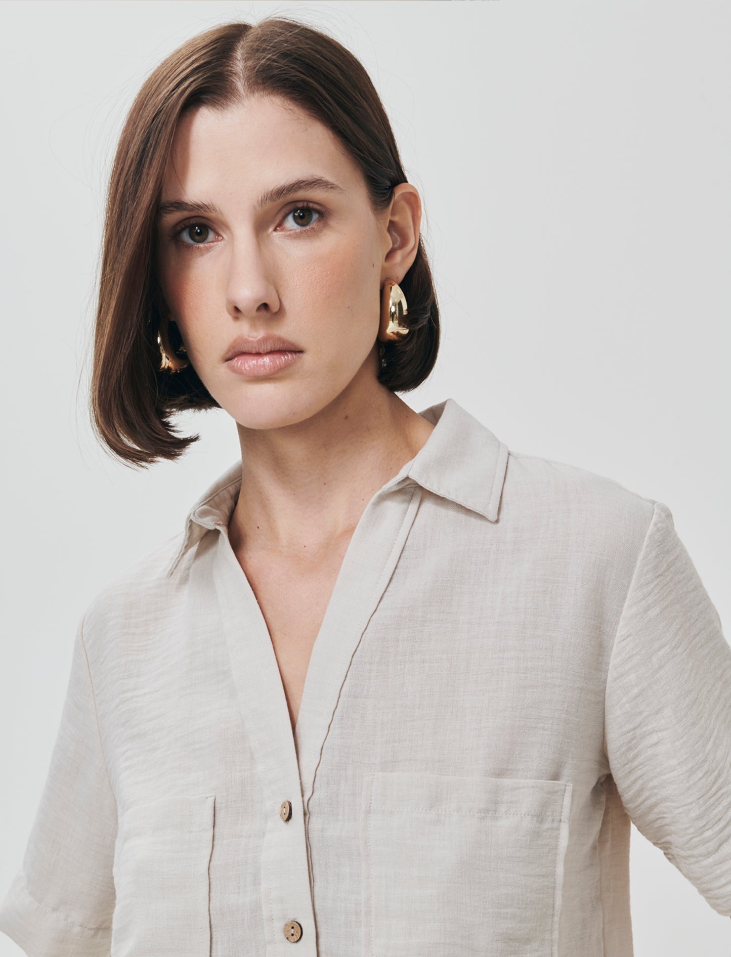 Short Sleeve Shirt with Patch Pockets - Beige