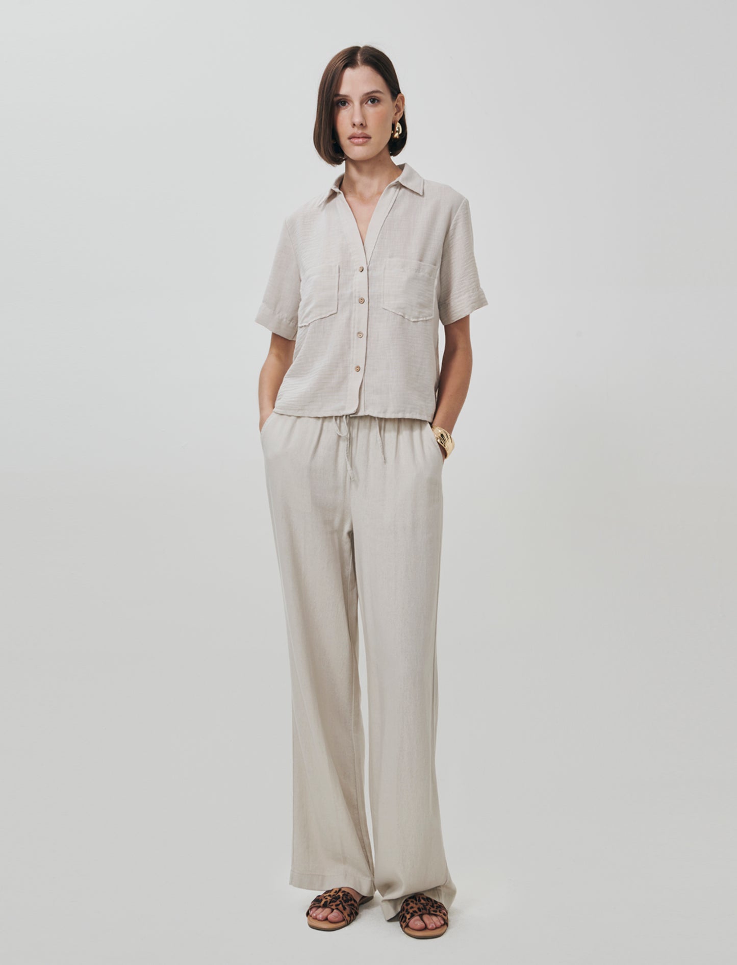 Short Sleeve Shirt with Patch Pockets - Beige