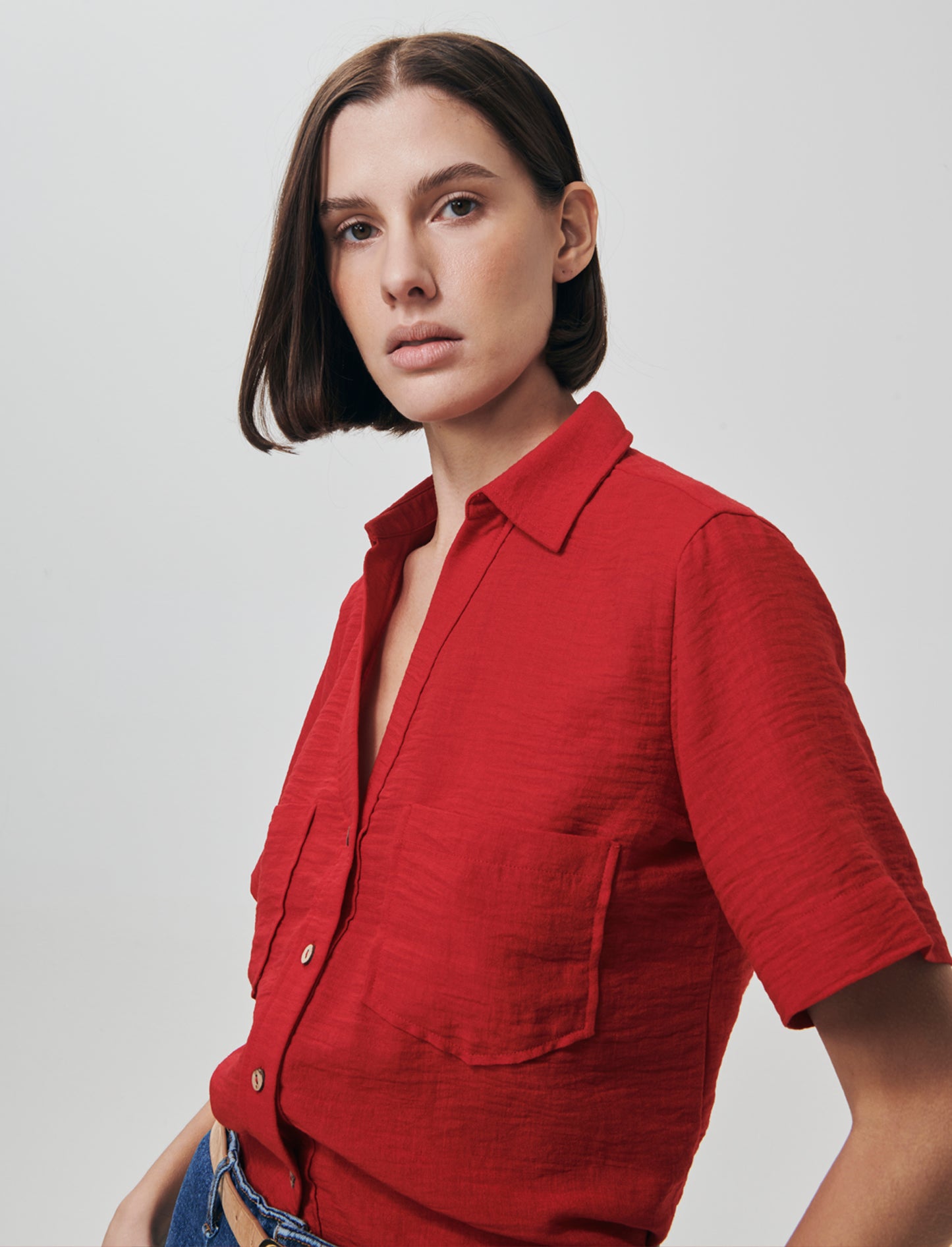 Short Sleeve Shirt with Patch Pockets - Red