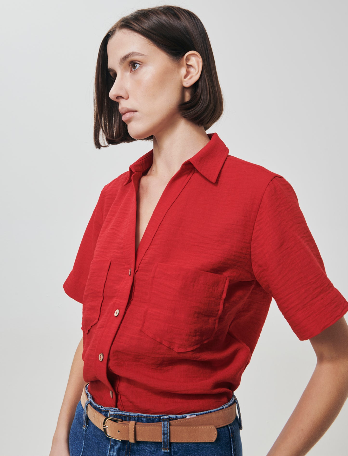 Short Sleeve Shirt with Patch Pockets - Red