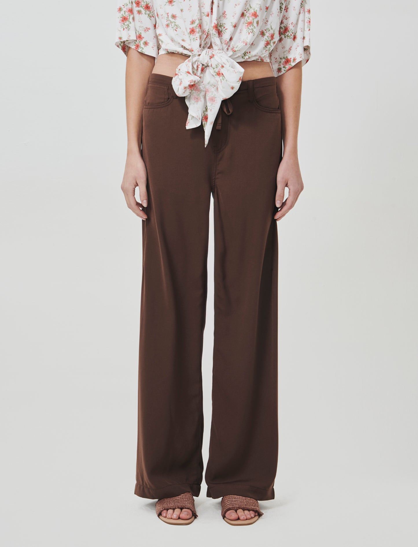 Wide Leg Jogger Pants with Drawstring - Brown