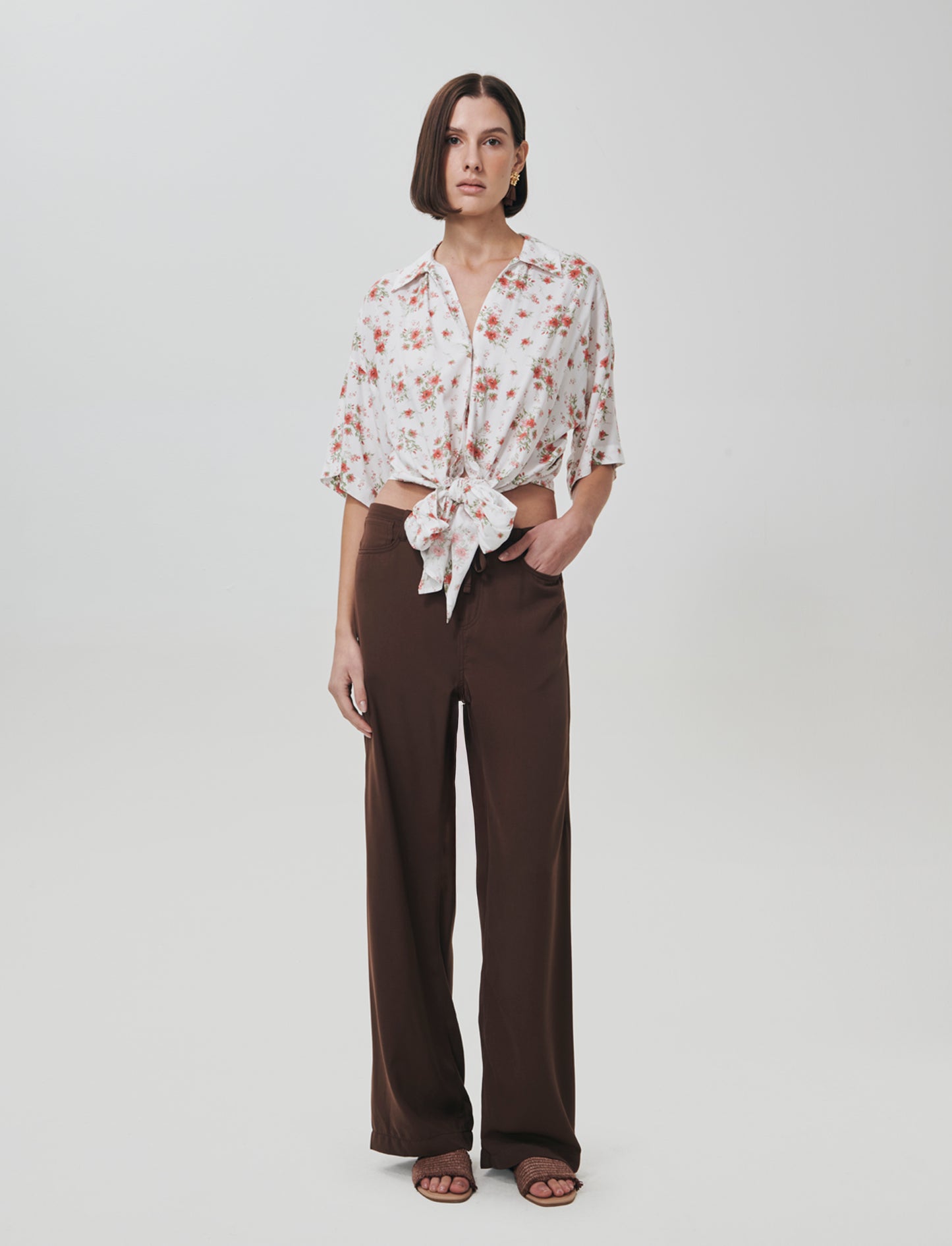 Wide Leg Jogger Pants with Drawstring - Brown