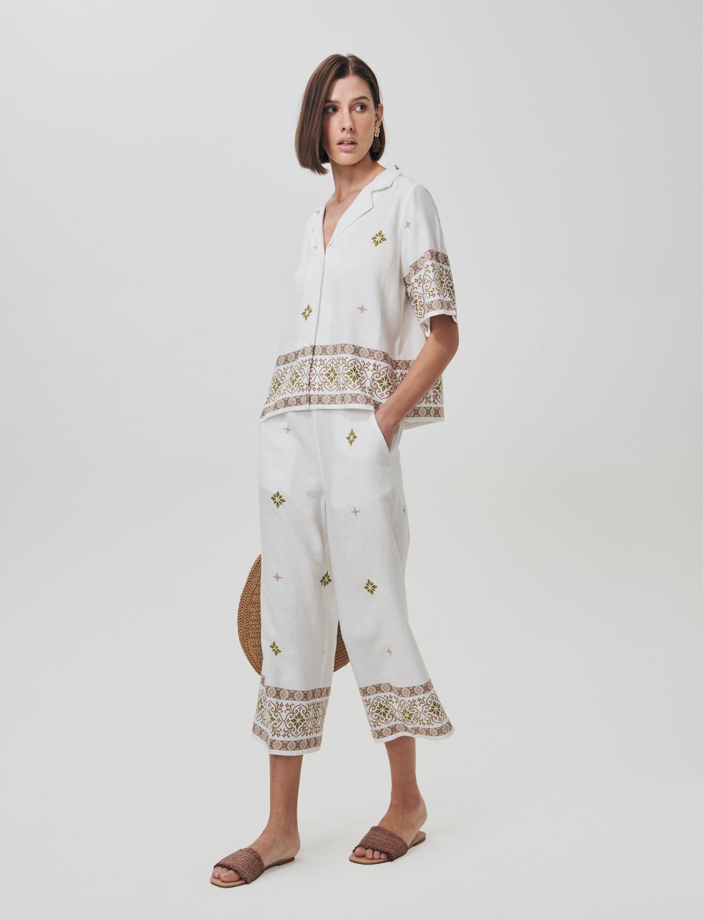 Linen Blend Culotte Pants with Elastic Waistband - 