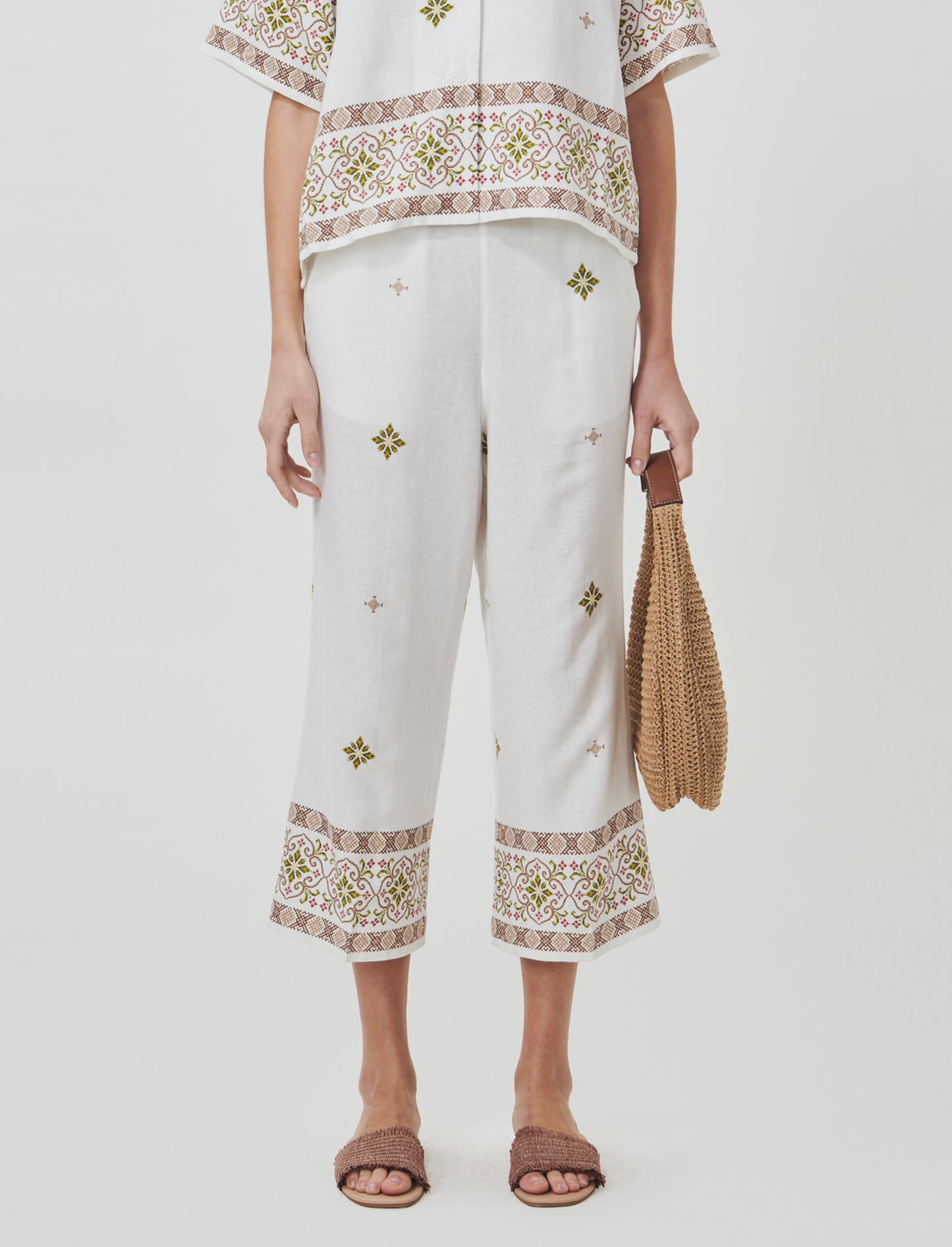 Linen Blend Culotte Pants with Elastic Waistband - 