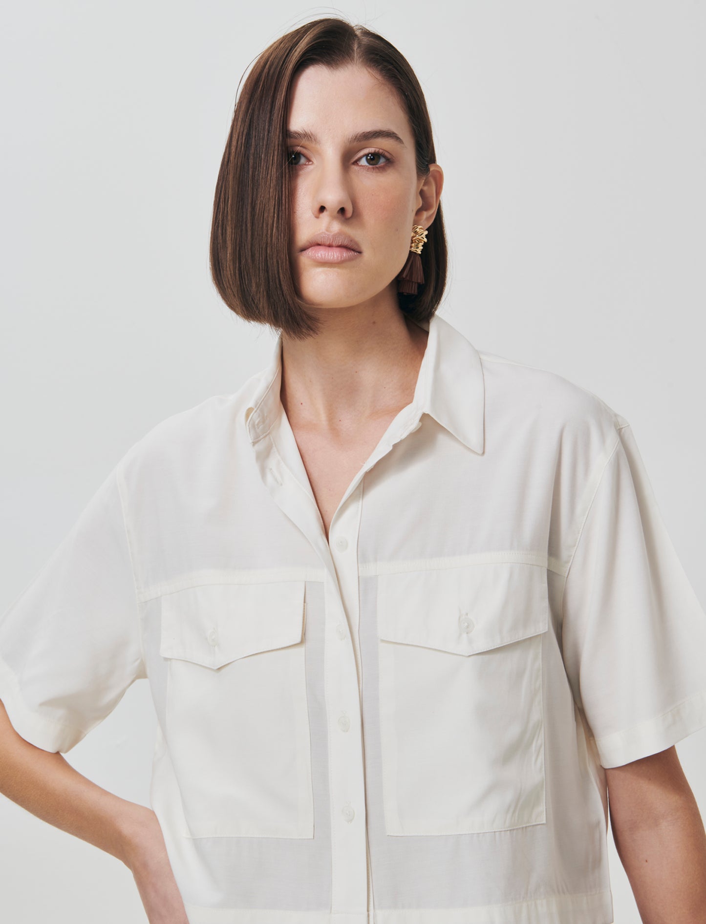 Camicia Mezza Manica con Tasche a Toppa - Grigio ghiaccio