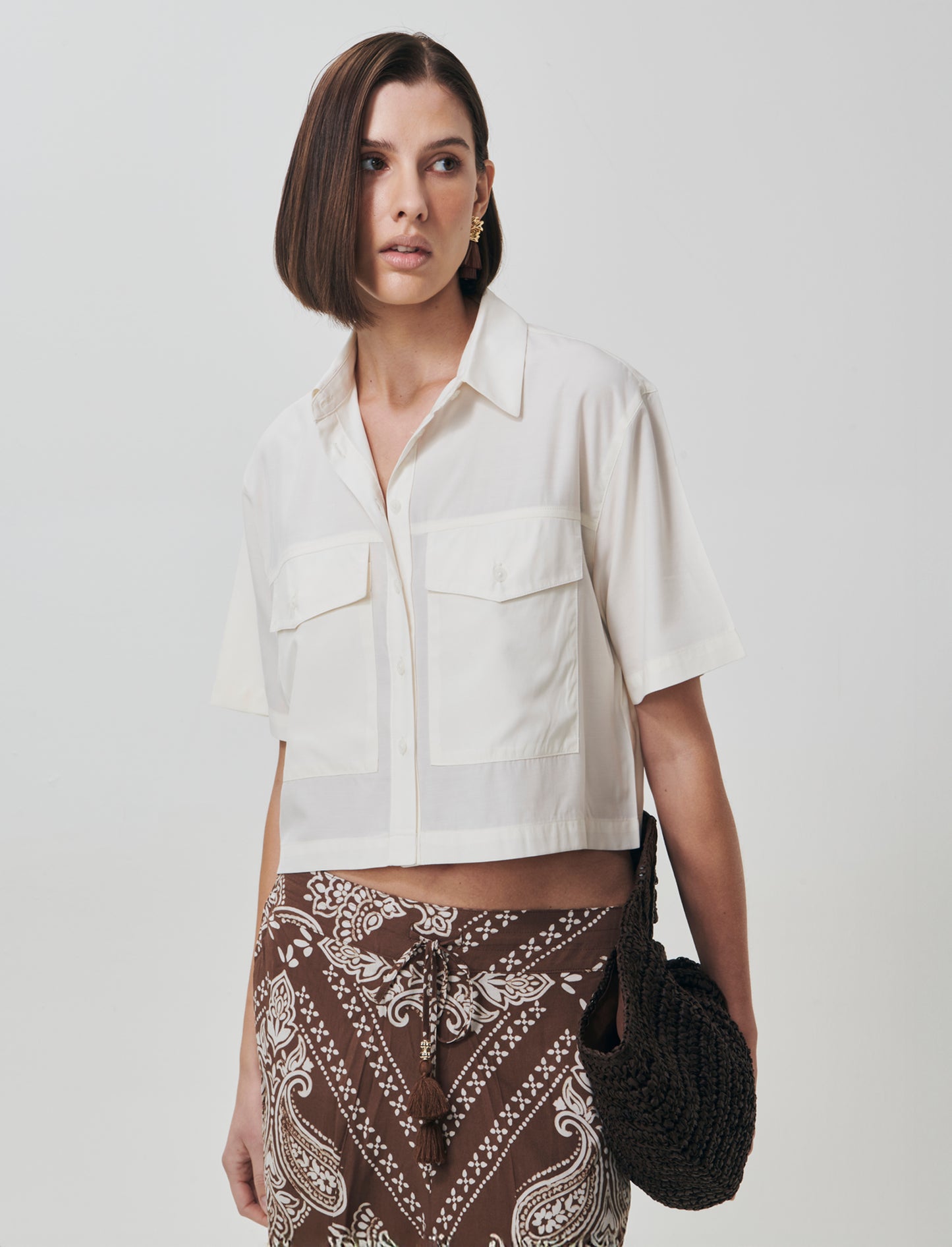 Camicia Mezza Manica con Tasche a Toppa - Grigio ghiaccio