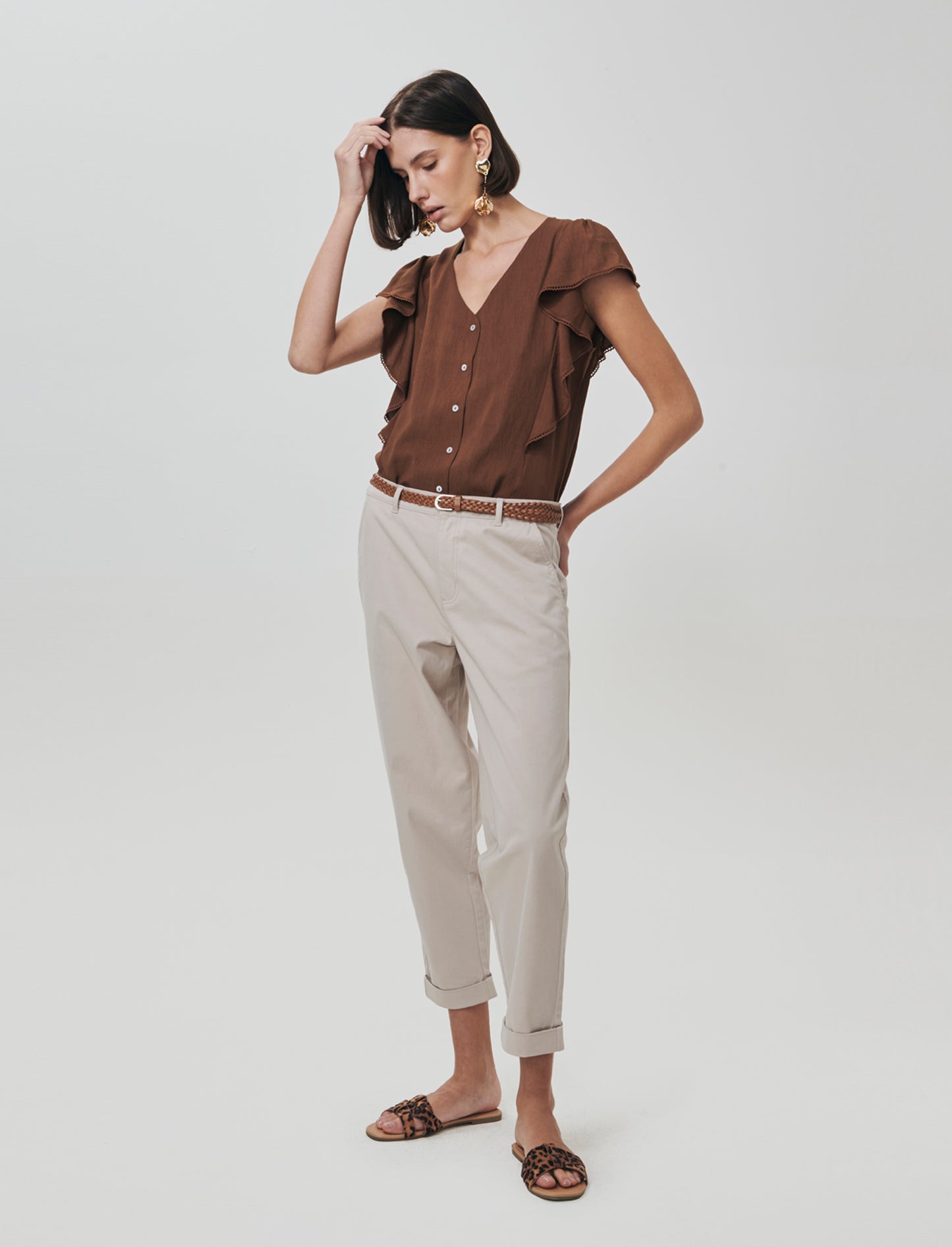 Pantalone con cintura e risvolto elegante - Beige grano