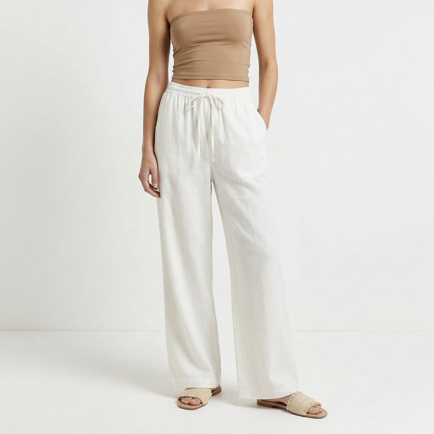 Stretch Pants with Drawstring and Pockets - White
