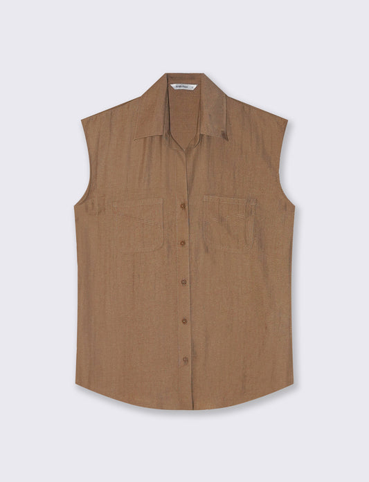 Sleeveless Shirt with Patch Pockets - BROWN