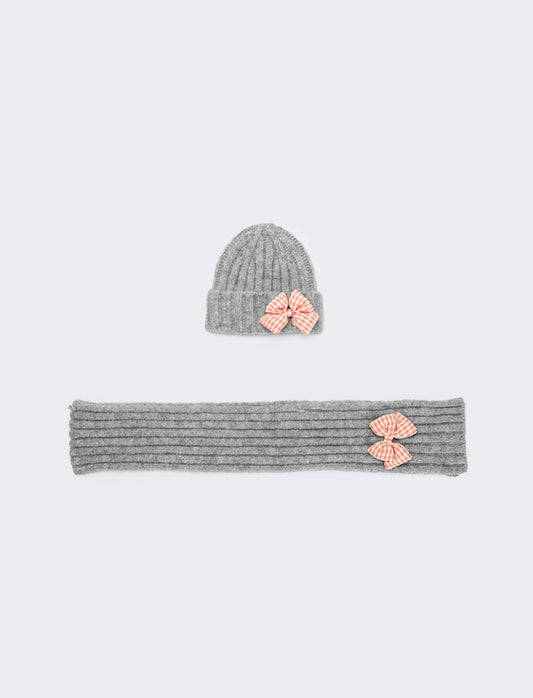 Set cappello e sciarpa con fiocco vichy - Grigio