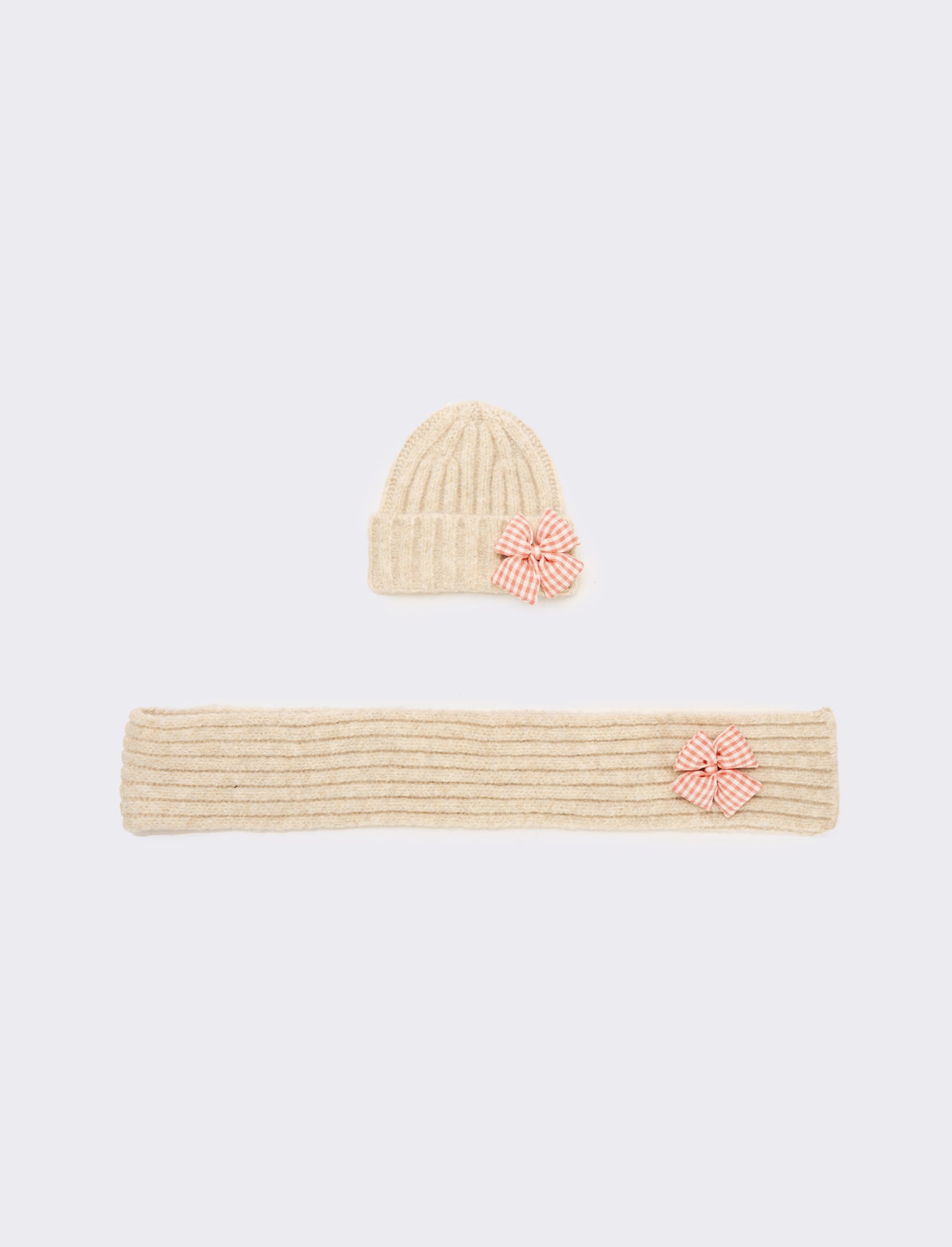 Set cappello e sciarpa con fiocco vichy - Bianco panna